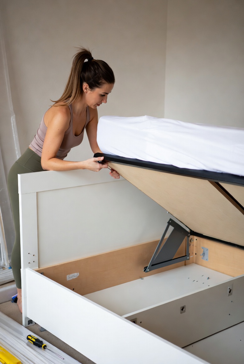 MALM storage bed with gas lift mechanism raised, revealing the under-bed storage compartment
