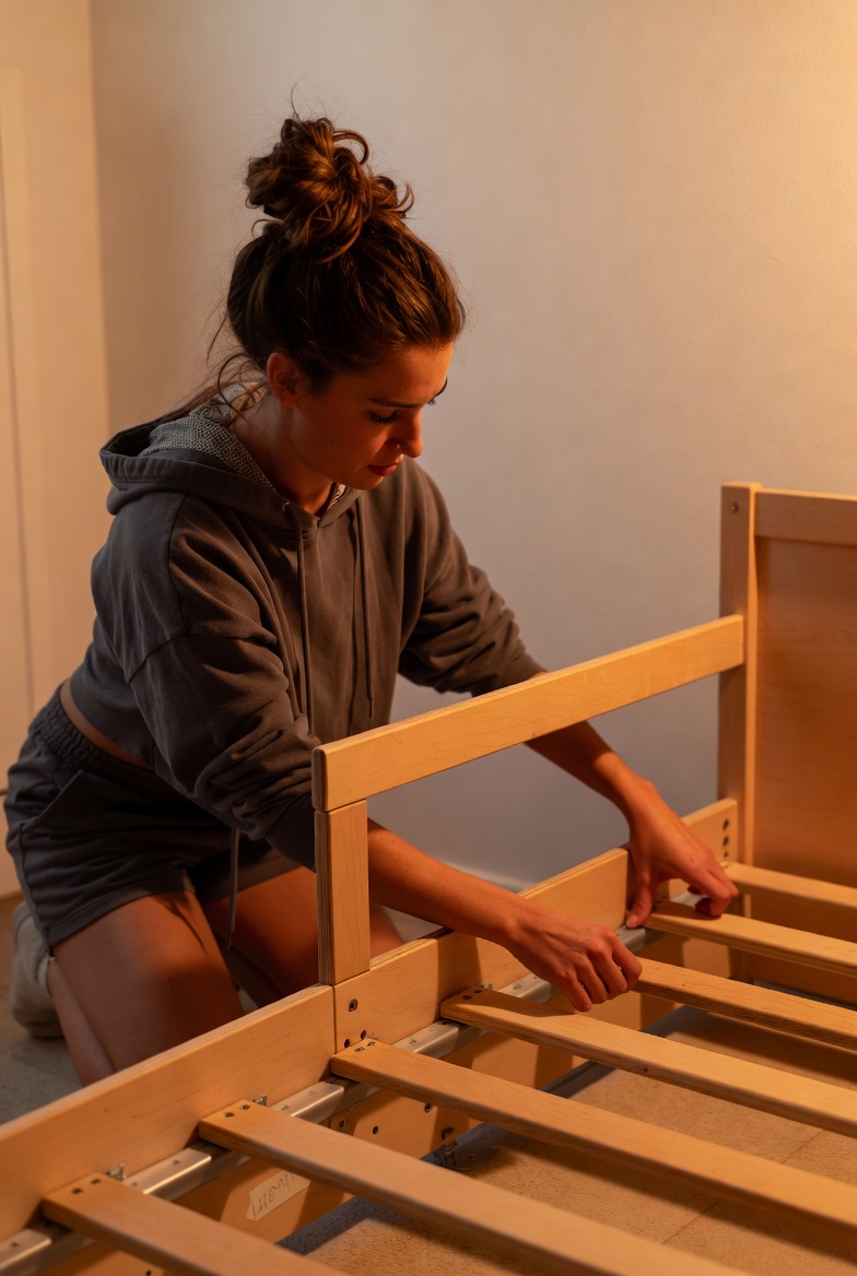 Person assembling wooden bed slats and side rails on the floor