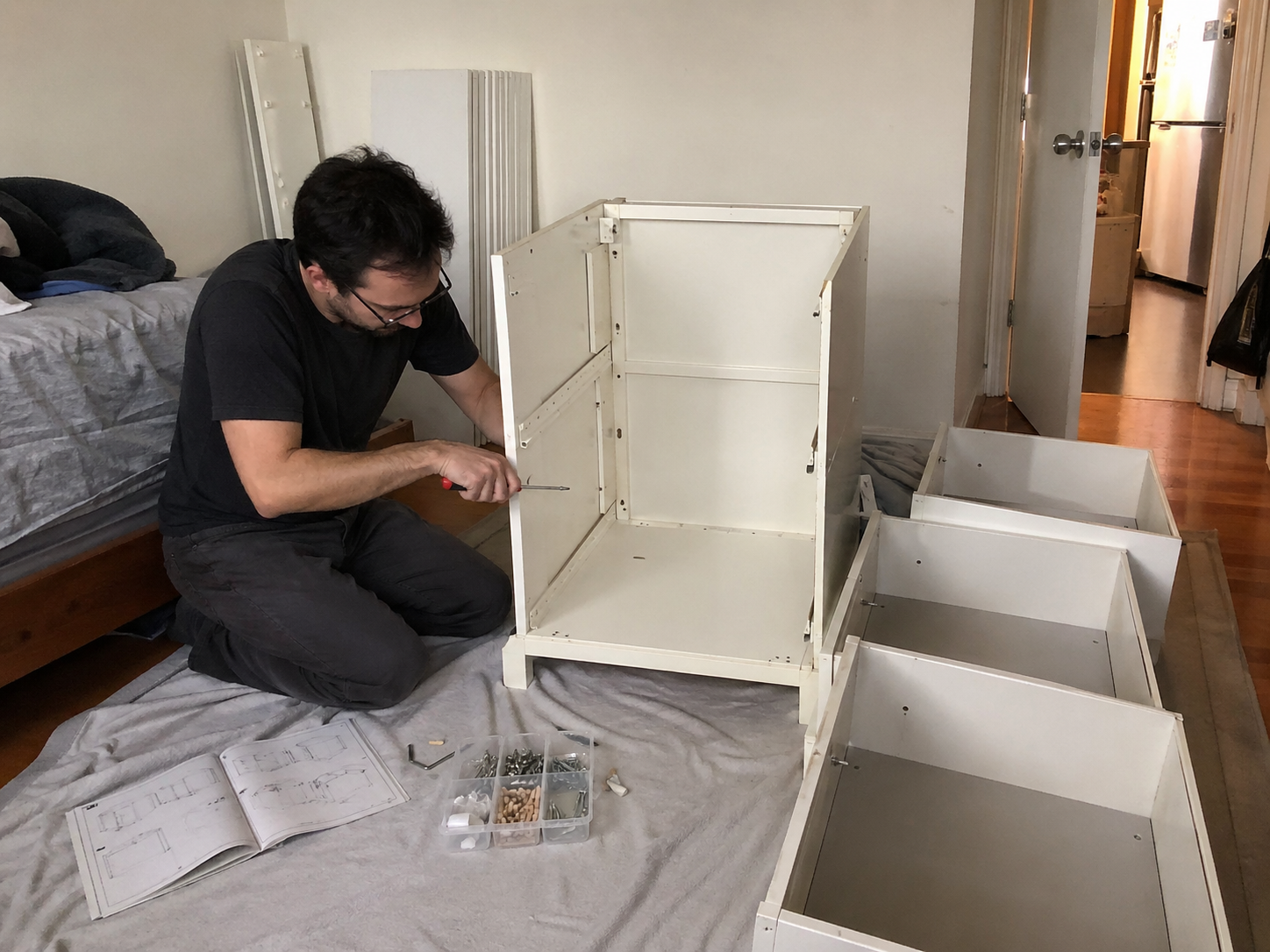 ALEX drawer unit mid-assembly — frame built, drawers not yet installed