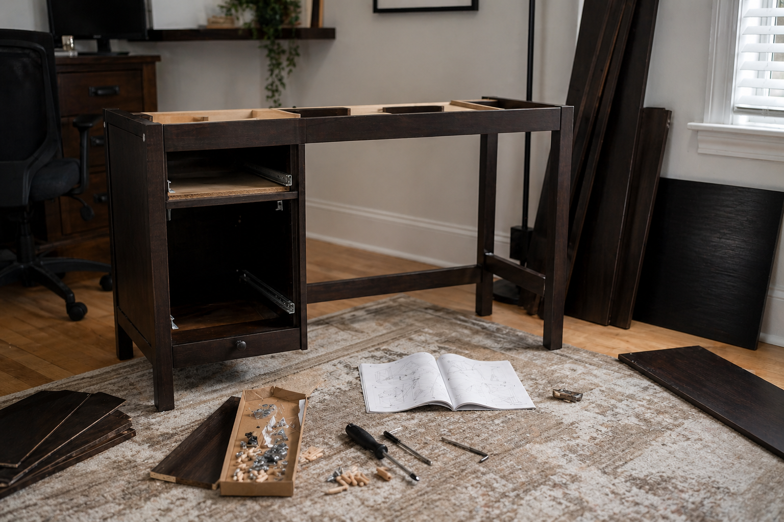 Dark wood desk mid-assembly — frame and legs connected, tabletop not yet attached