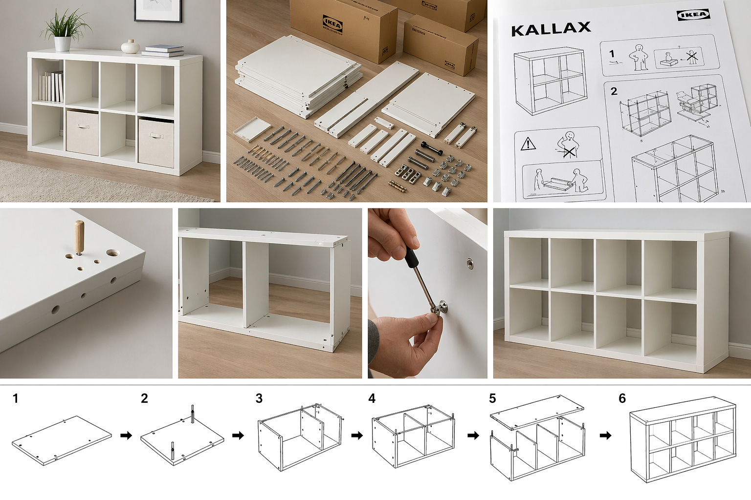 KALLAX assembly step-by-step photo collage showing parts, instructions, and the build sequence