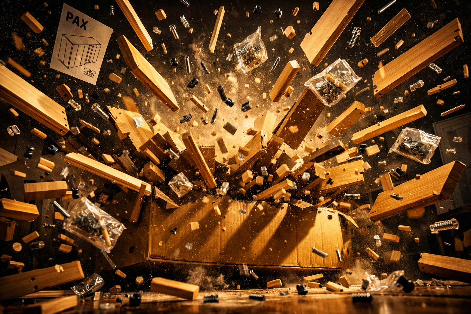 Dramatic exploded view of IKEA PAX wardrobe panels and hardware flying apart
