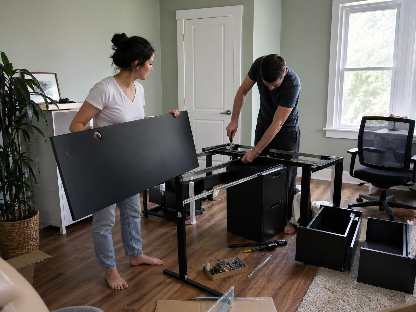 Two people assembling a black standing desk together