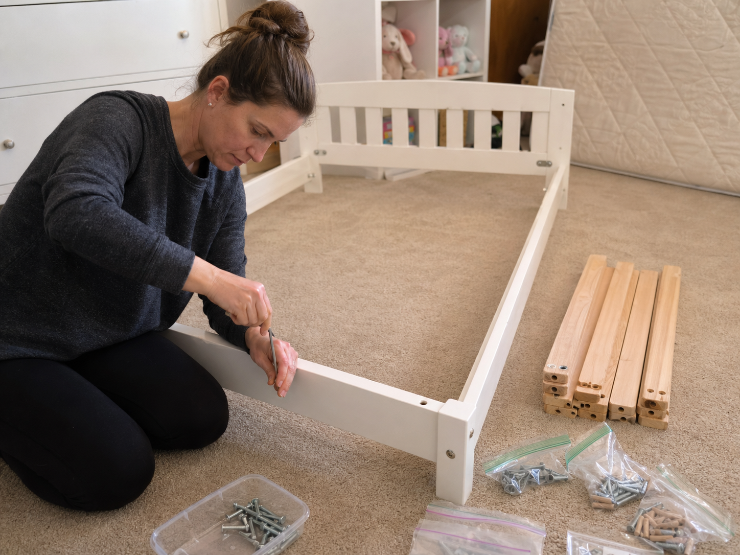 White bed frame mid-assembly — side rails and headboard connected, slats on floor